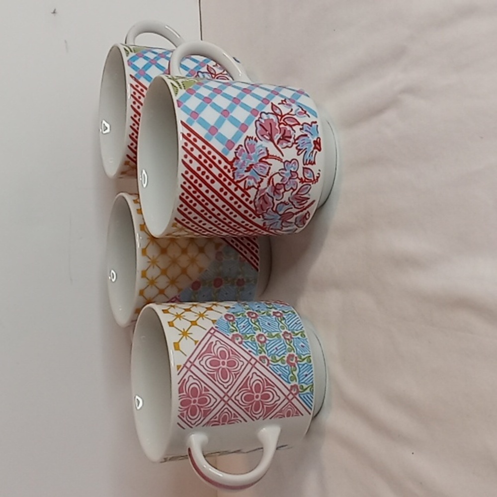 Vintage 70's Quilted Colorful Print Espresso Cups MUGS Set Of 4
